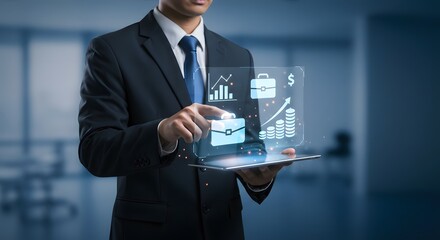Businessman Interacting with Holographic Financial Icons on Tablet