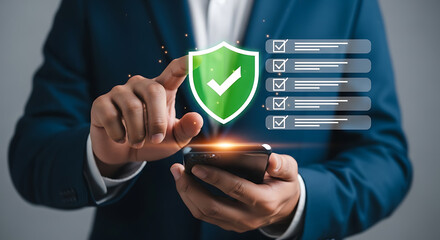 Green shield with checkmark and checklist security protection