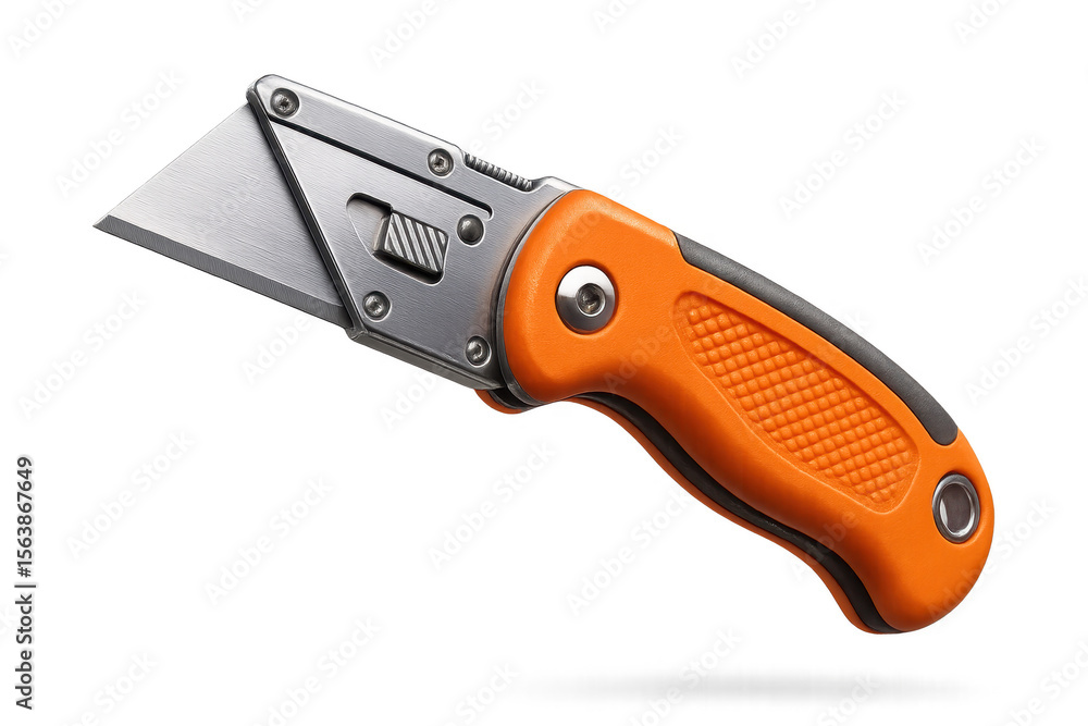 Poster orange utility knife isolated on a transparent background for easy use in design.