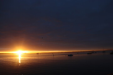 The sun rises above a calm bay, casting a golden glow over wooden picnic tables and tranquil...