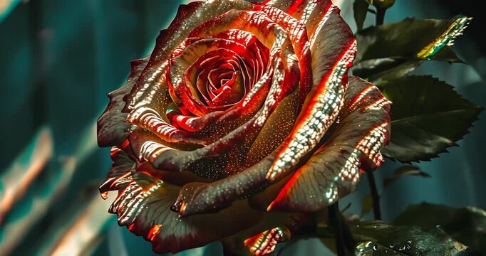 Close-up of a shimmering red and gold rose with a glittery, iridescent effect.