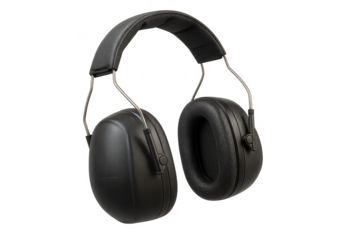 Black protective earmuffs isolated on transparent background, noise cancelling