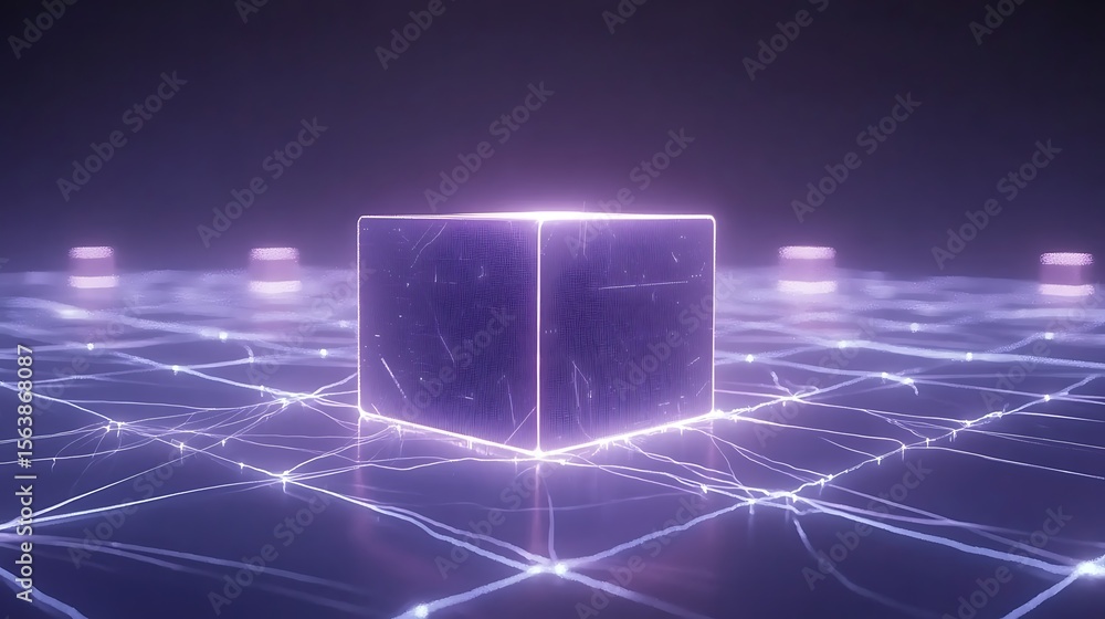 Poster abstract animated computer processor visualization in purple light and geometric shapes using glowin