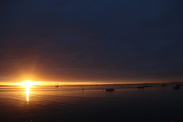 The sun rises above a calm bay, casting a golden glow over wooden picnic tables and tranquil...