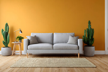 Light grey sofa with potted cacti and wooden side table against orange wall living room cushions