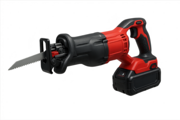 Cordless reciprocating saw isolated on transparent background, power tool shot