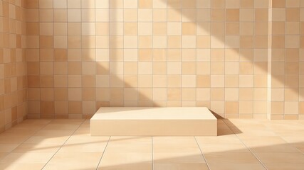 Beige tiled interior with light and shadow creating a minimalist display space for product promotion or presentation