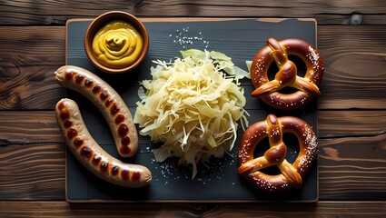 Top-down view of traditional German food including bratwurst, sauerkraut, pretzels, and mustard served on rustic wooden table in vibrant flat lay
