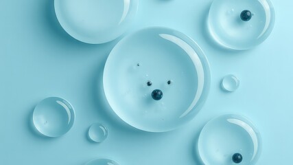 Light Blue Background with Clear Liquid Bubbles and Small Dark Round Elements