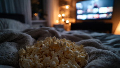 popcorn on the bed in front of a television, in a cozy evening room