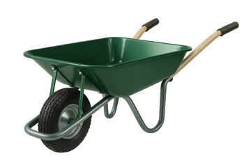Green wheelbarrow isolated on a transparent background, garden equipment, cut-out
