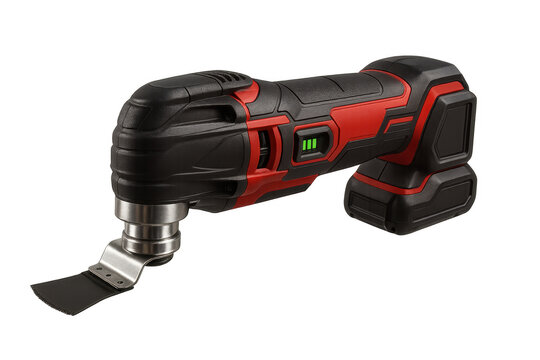 Cordless oscillating multi-tool isolated on transparent background, red and black