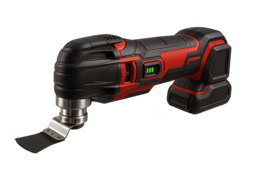 Cordless oscillating multi-tool isolated on transparent background, red and black