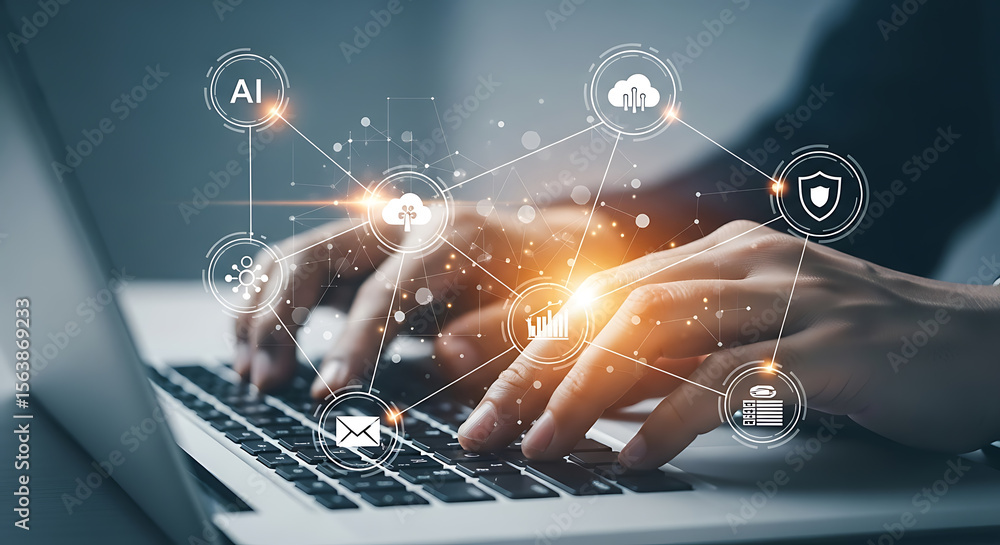 Poster hands typing on laptop with digital network and icons technology connection