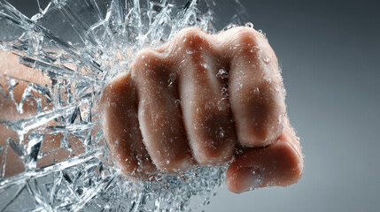 close-up of a fist breaking glass with force – powerful action moment perfect for use in concepts of strength, rebellion, resistance, crisis, breaking limits, or promotional materials for action films
