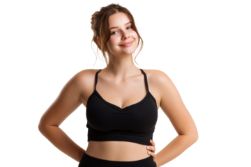 Confident young woman in black fitness outfit smiling at camera isolated on transparent png background