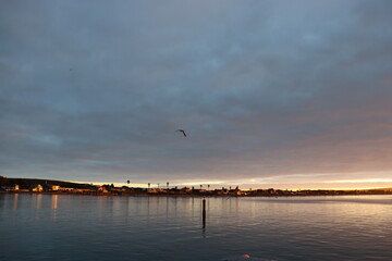 The sun rises above a calm bay, casting a golden glow over wooden picnic tables and tranquil...