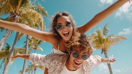 A cheerful man gives his partner a piggyback ride as she stretches her arms in joy on a tropical beach, celebrating summer, love, and freedom by the ocean.