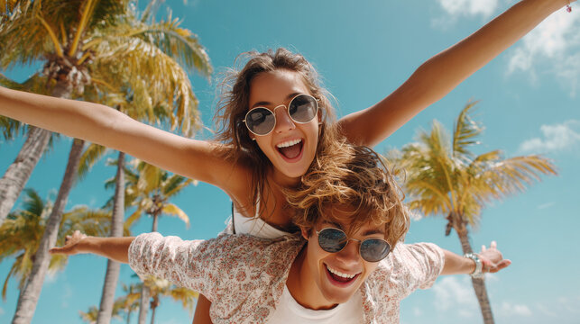 A cheerful man gives his partner a piggyback ride as she stretches her arms in joy on a tropical beach, celebrating summer, love, and freedom by the ocean. - Powered by Adobe