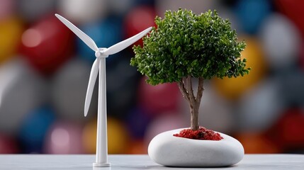 Miniature Wind Turbine and Green Tree Model on Colorful Background