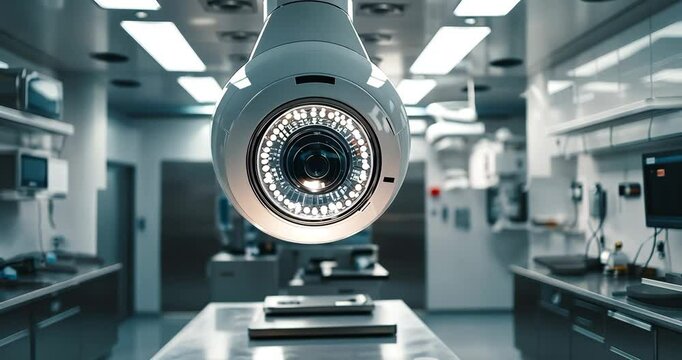 Close-up of a CCTV camera in a sterile laboratory environment, emphasizing security and monitoring.