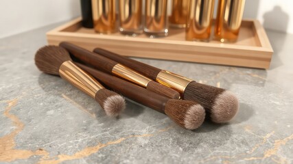 Makeup Brushes on Marble Surface Near Bottles in a Wooden Tray Showing Beauty Tools for Cosmetic Application