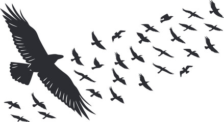 Obraz premium A powerful vector illustration of an eagle and other birds soaring through the open sky, depicted in silhouette style. This design embodies freedom, strength, and the majesty of nature in flight.