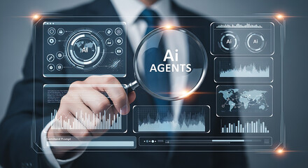 Man examining artificial intelligence data with magnifying glass agents analysis