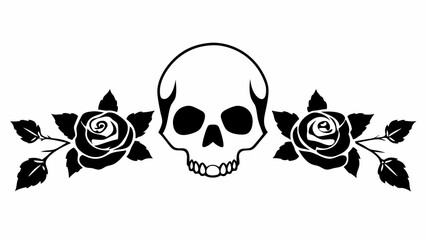 A centered skull with roses on either side in black and white tattoo style vector illustration art