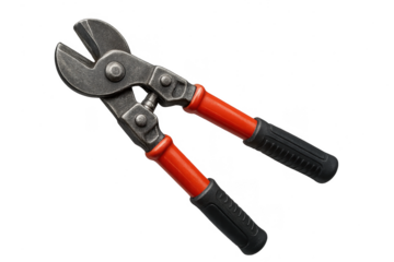 Heavy duty bolt cutters isolated on transparent background, red and black