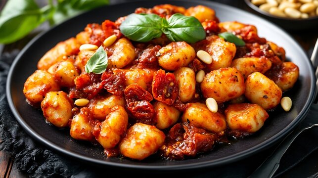Potato gnocchi with sun-dried tomato pesto and pine nuts on black plate