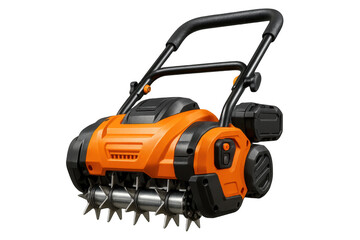 Fototapeta premium Orange lawn aerator machine isolated on transparent background, modern design.