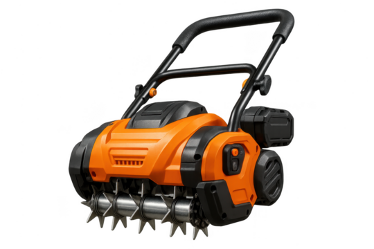 Orange lawn aerator machine isolated on transparent background, modern design.