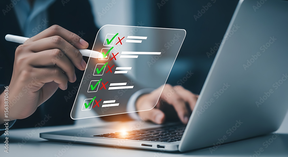 Poster person checking off items on a digital list checklist survey