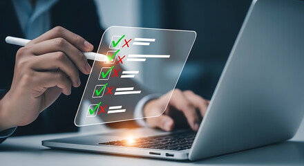 Person checking off items on a digital list checklist survey