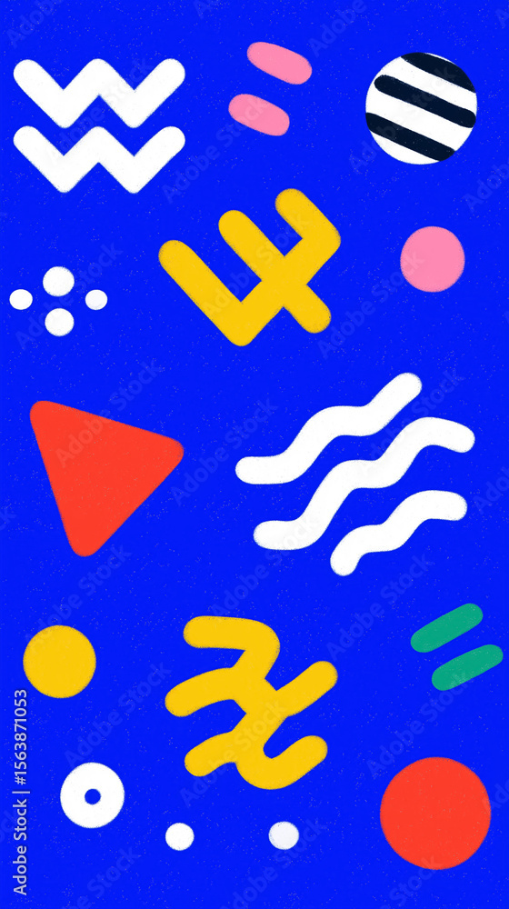 Poster colorful memphis-style design features dynamic geometric shapes and playful forms. lively retro tone
