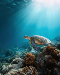 Obraz premium Sea Turtle Swimming Near Coral Reef Crystal Clear Water