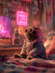 Cute Cat with Gaming Headphones in Cozy RGB Gaming Room / Dreamy Aesthetic Setup with Neon Lights and Dual Monitor PC / Pink and Lilac Ambient Glow