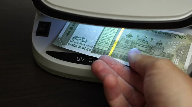Examination of indian rupee (INR) cash money with UV counterfeit detector. Concept of authenticity check, fight against counterfeiting of banknotes, anti fraud measures in India. Close up view.