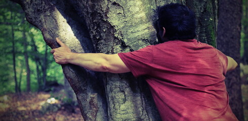 man in a red colored t-shirt hugging a big tree trunk in the middle of the woods symbol of...