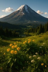 Fototapeta premium Majestic mountain with vibrant flowers.