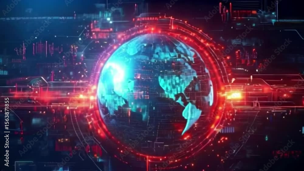 Wall mural digital globe encased in a glowing red ring amidst a backdrop of circuitlike structures and vibrant 