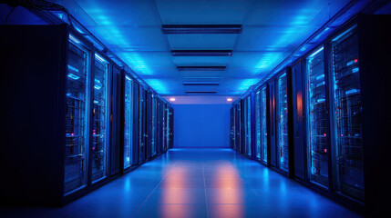 Fototapeta premium Server Room with Blue Ambient Lighting Rows of Close