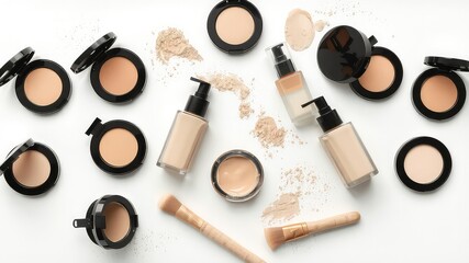 Minimalist aesthetic arrangement of face makeup products in a flat lay composition, showcasing essential elements for a complete beauty routine