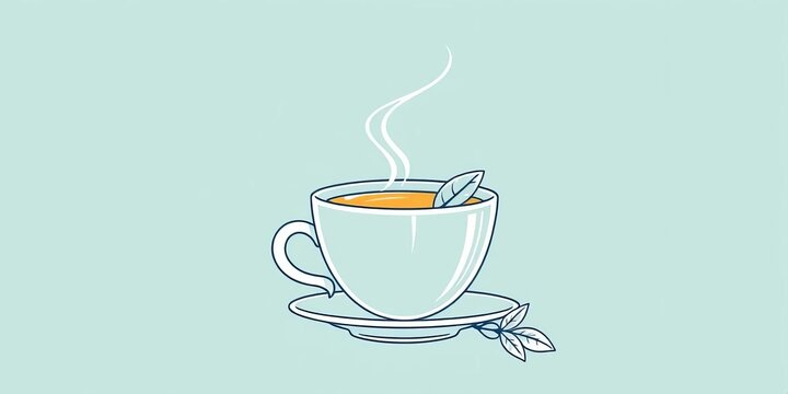 steaming tea cup with leaf, light blue clip art preview