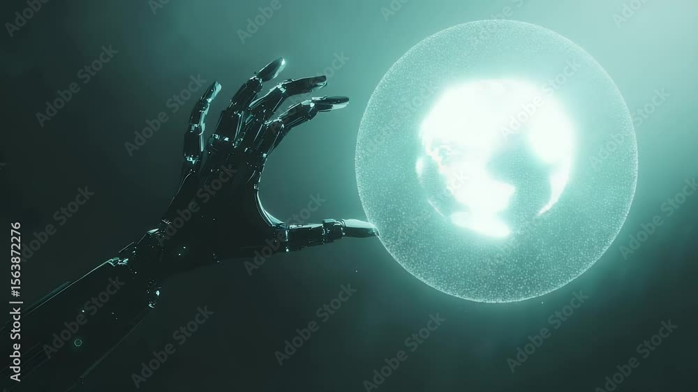 Poster abstract digital art showing a metallic robotic hand approaching a glowing sphere with a dark, moody