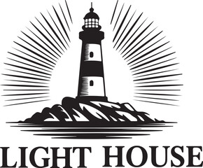 "Black and White Vector Illustration of Lighthouse on Rocky Shore with Radiating Light Beams and Bold Typography"