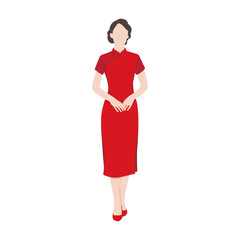 Vector flat illustration. Malaysian Chinese woman wearing traditional attire called Cheongsam