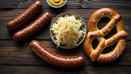 Top-down view of traditional German food including bratwurst, sauerkraut, pretzels, and mustard served on rustic wooden table in vibrant flat lay
