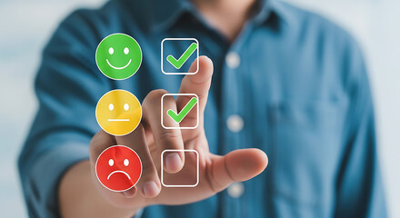 Person selecting happy face icon on digital survey finger touching